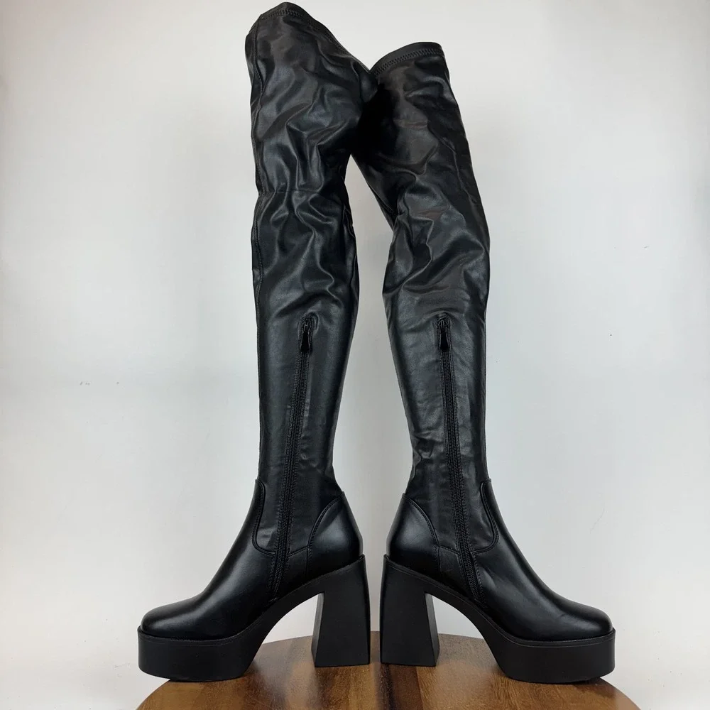 New Womens Azalea‎ Wang Adrianne Black Faux Leather Over The Knee Boots Size 7 M